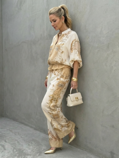 Women's Two Piece Set | Floral Print Zip-Up Loose Fit