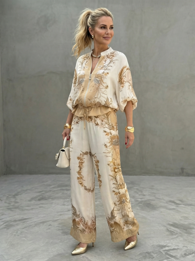 Women's Two Piece Set | Floral Print Zip-Up Loose Fit