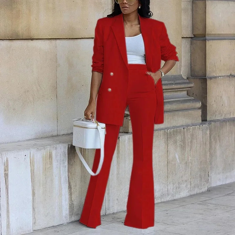 Women's Two Piece Set | Longline Blazer, Flared Trousers