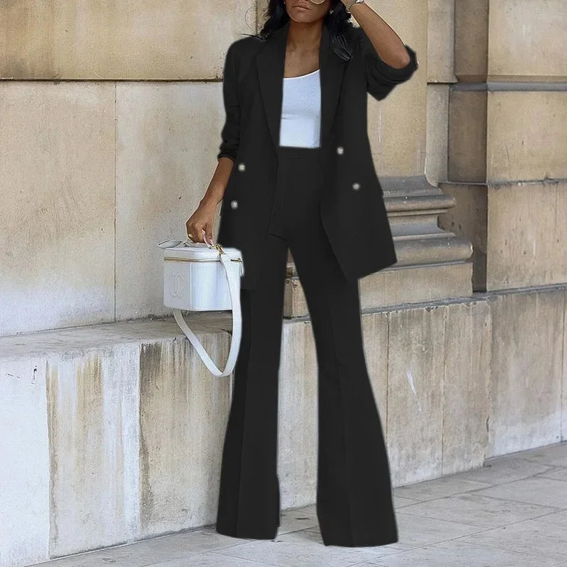 Women's Two Piece Set | Longline Blazer, Flared Trousers