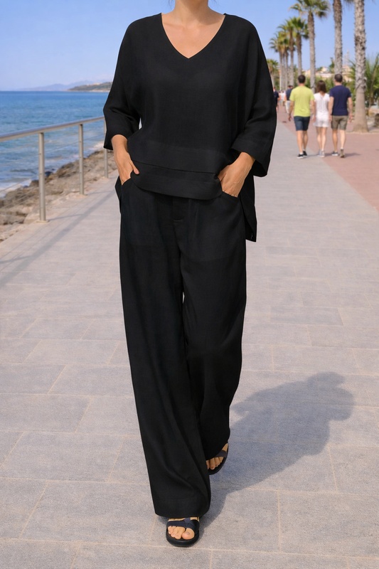 Women's Two Piece Set | V-Neck Top, Wide-Leg Trousers