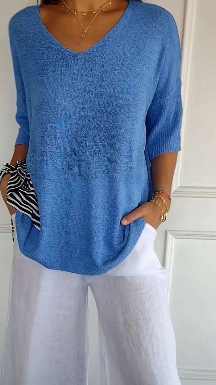 Women's V-Neck Oversized Knit Top | Half-Sleeve & Relaxed Fit 2