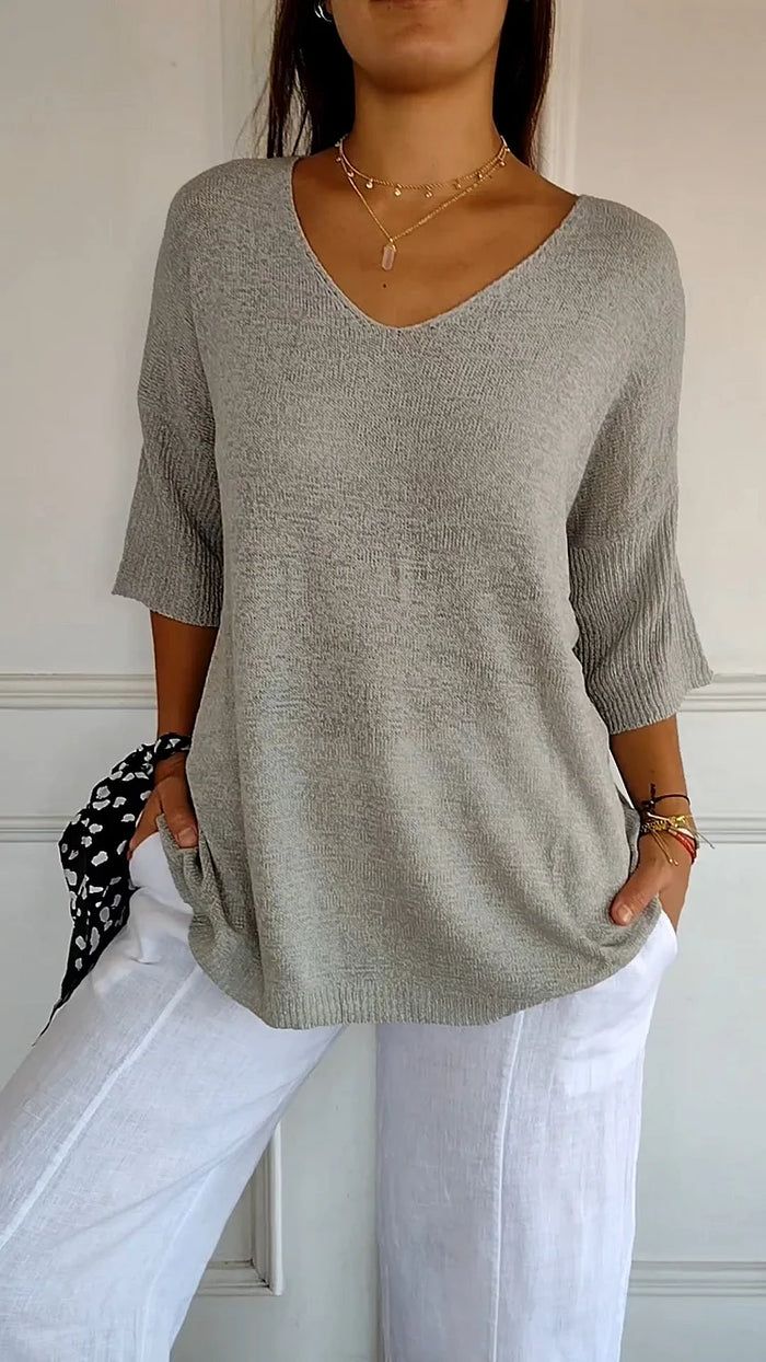 Women's V-Neck Oversized Knit Top | Half-Sleeve & Relaxed Fit 8