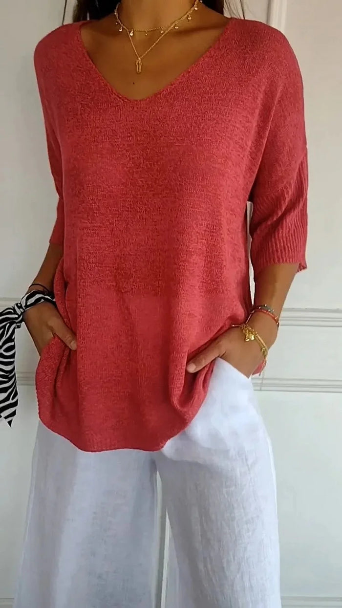 Women's V-Neck Oversized Knit Top | Half-Sleeve & Relaxed Fit 1