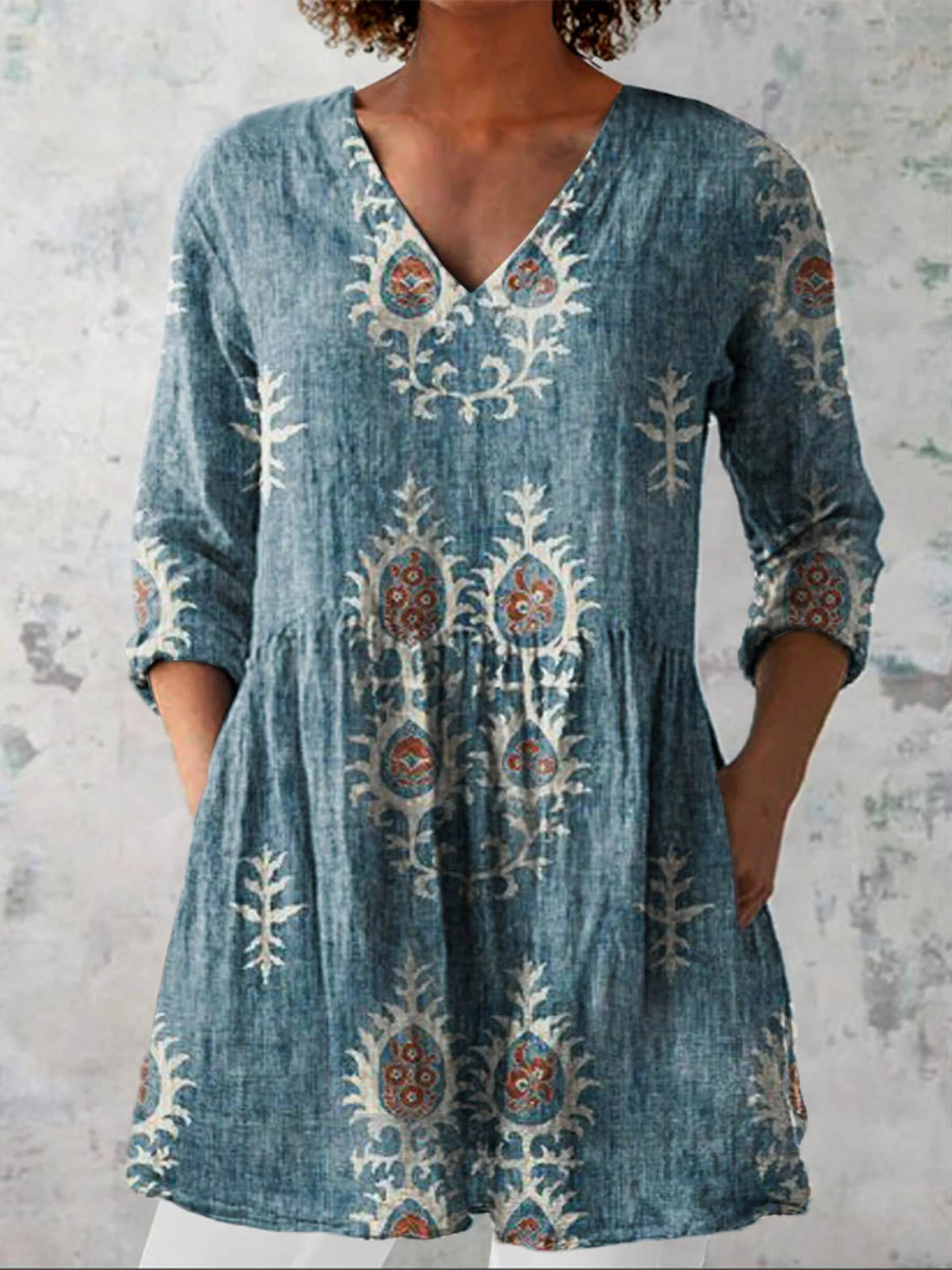 Women's V Neck Shirt | Boho Floral Print & Longline Relaxed Fit