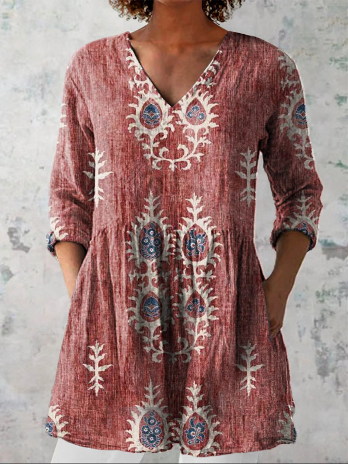 Women's V Neck Shirt | Boho Floral Print & Longline Relaxed Fit