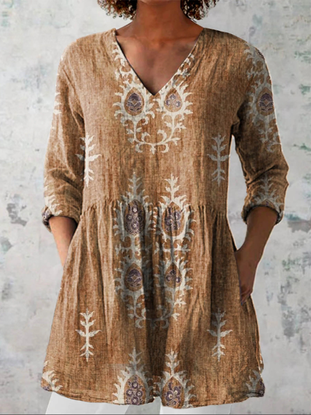 Women's V Neck Shirt | Boho Floral Print & Longline Relaxed Fit