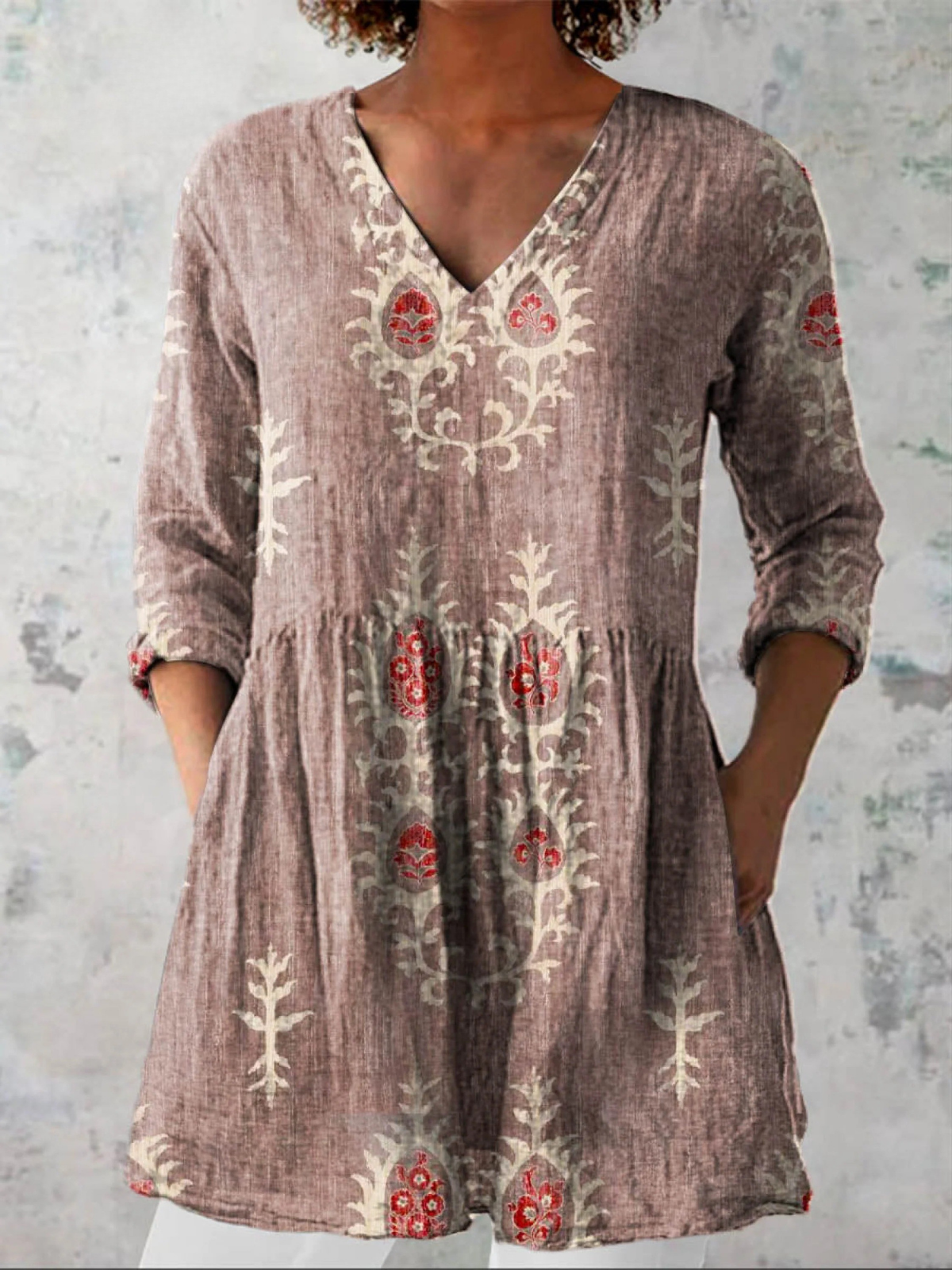 Women's V Neck Shirt | Boho Floral Print & Longline Relaxed Fit