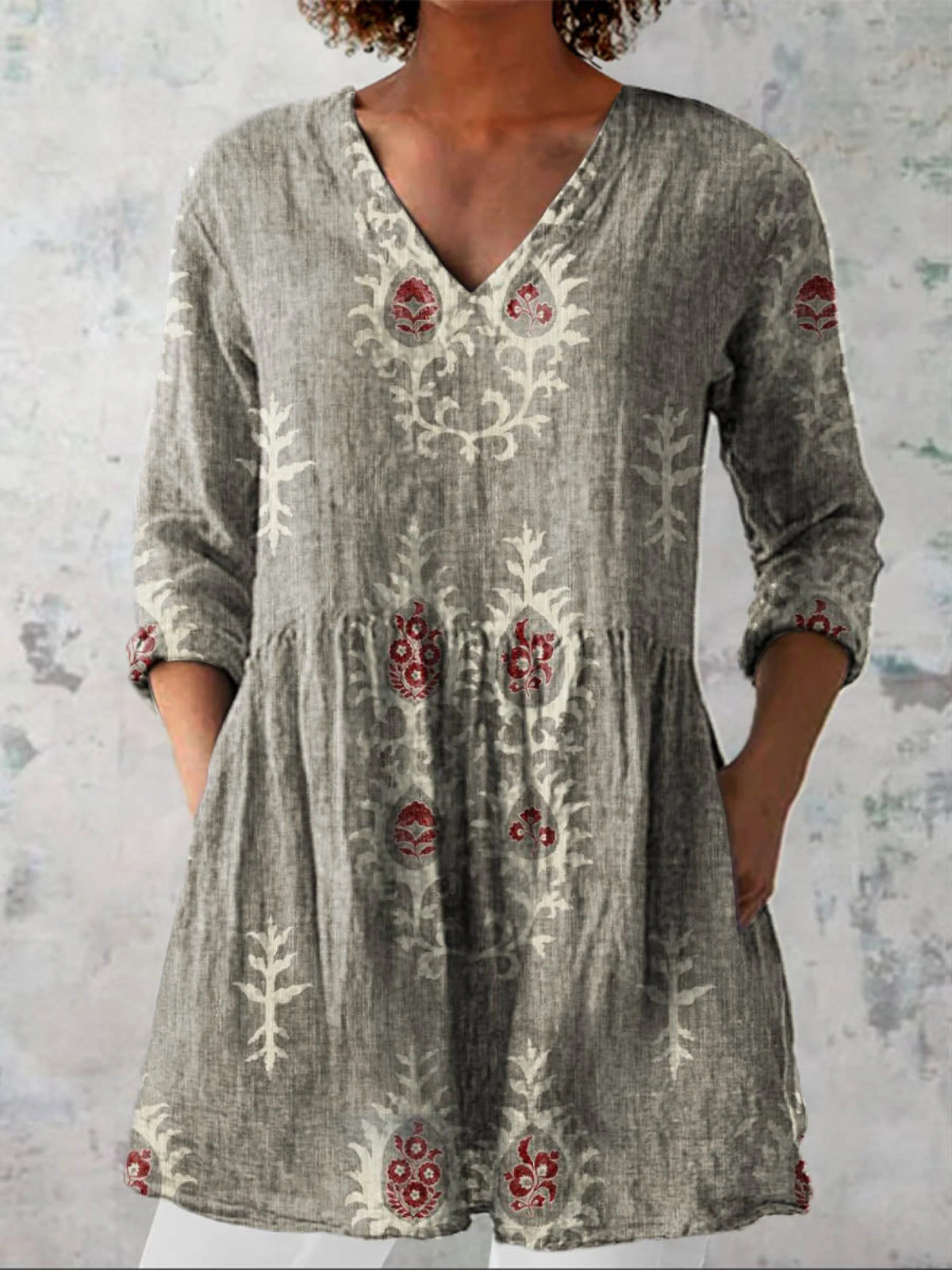 Women's V Neck Shirt | Boho Floral Print & Longline Relaxed Fit
