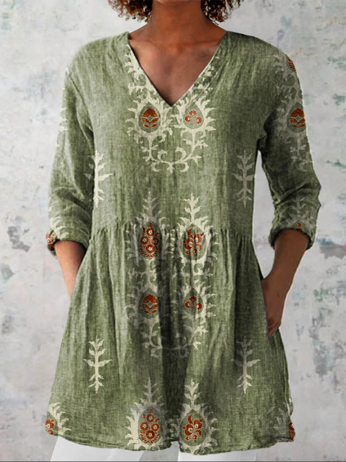Women's V Neck Shirt | Boho Floral Print & Longline Relaxed Fit