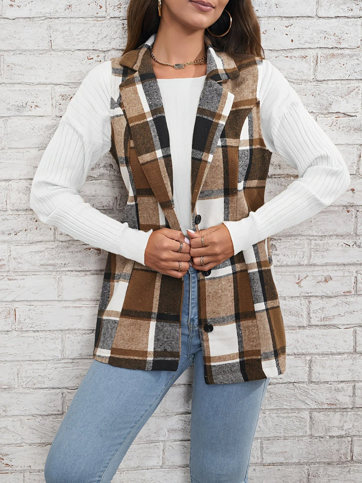 Women's Waistcoat | Notch Lapel, Check Pattern, Longline
