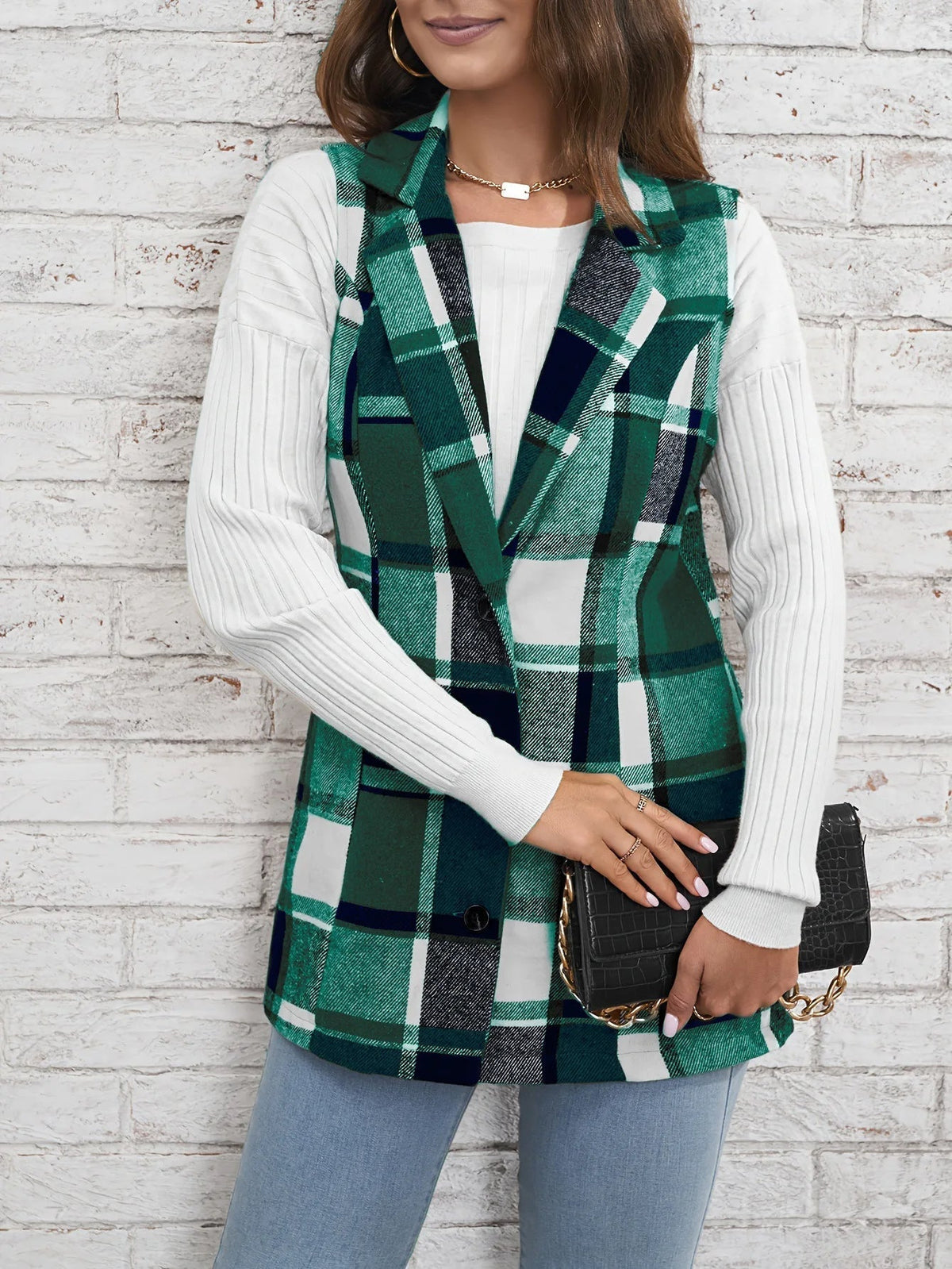 Women's Waistcoat | Notch Lapel, Check Pattern, Longline