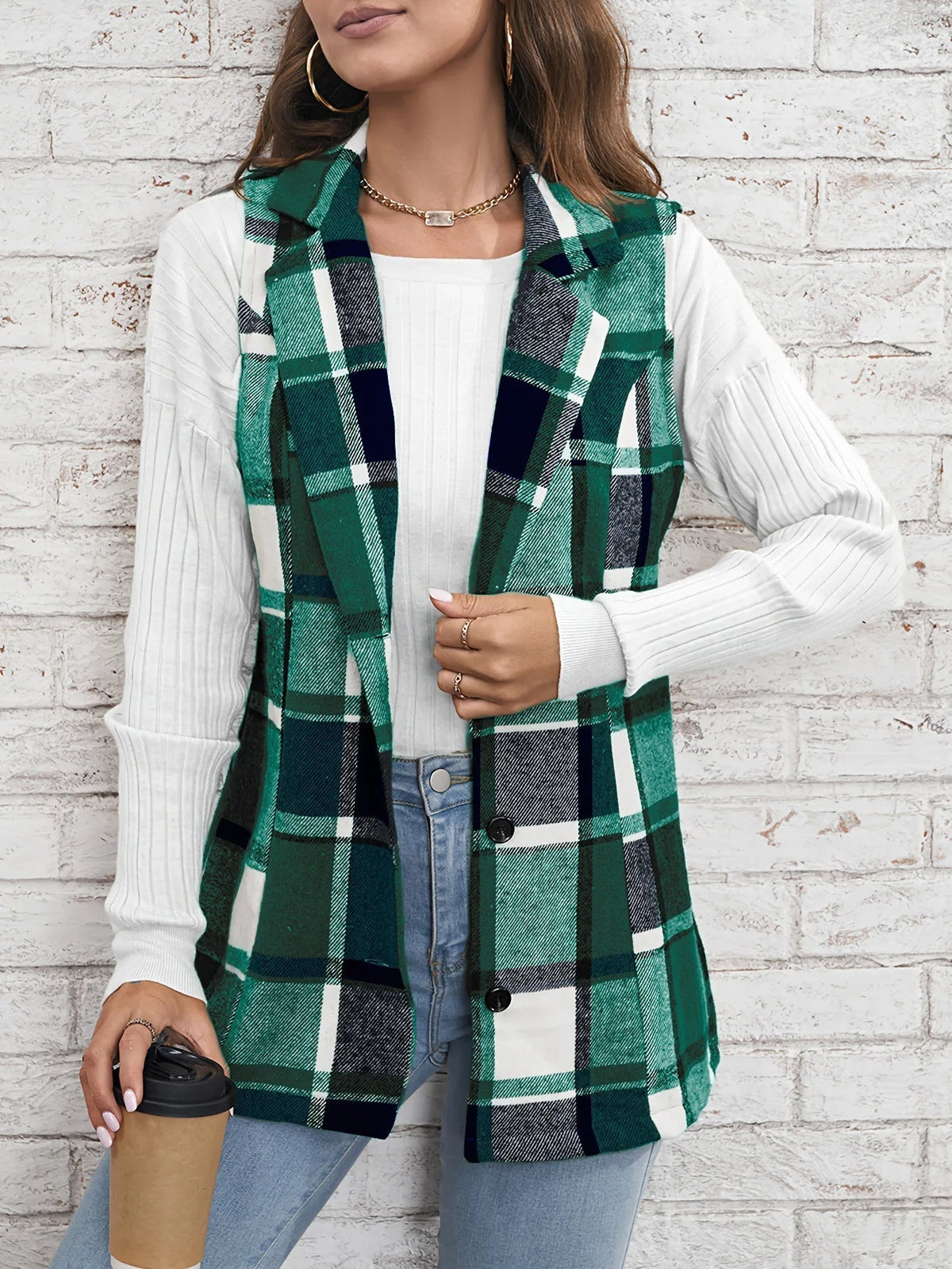 Women's Waistcoat | Notch Lapel, Check Pattern, Longline