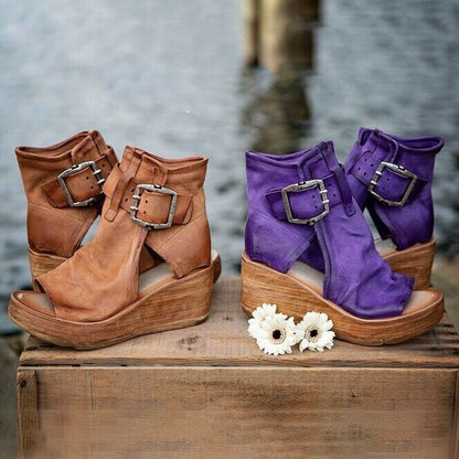 Women's Wedge Sandals | Peep Toe, Buckled Ankle Shaft