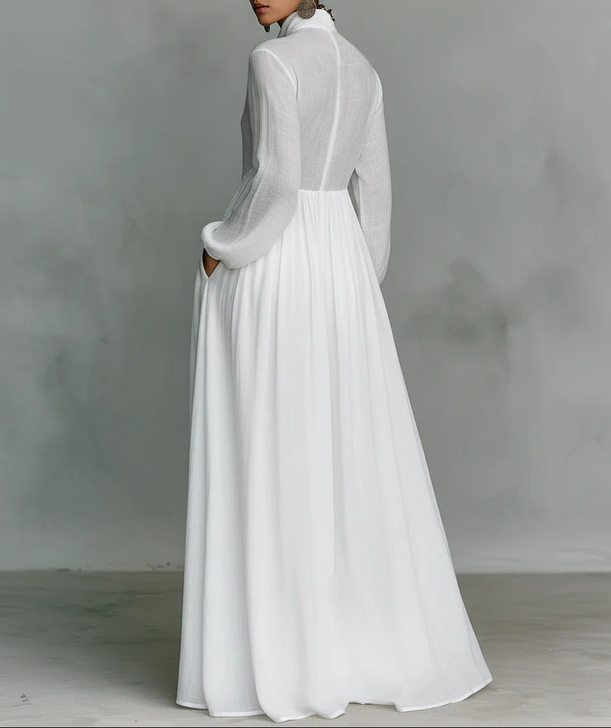 Women's White Long Dress | Flowing Button-Front Maxi