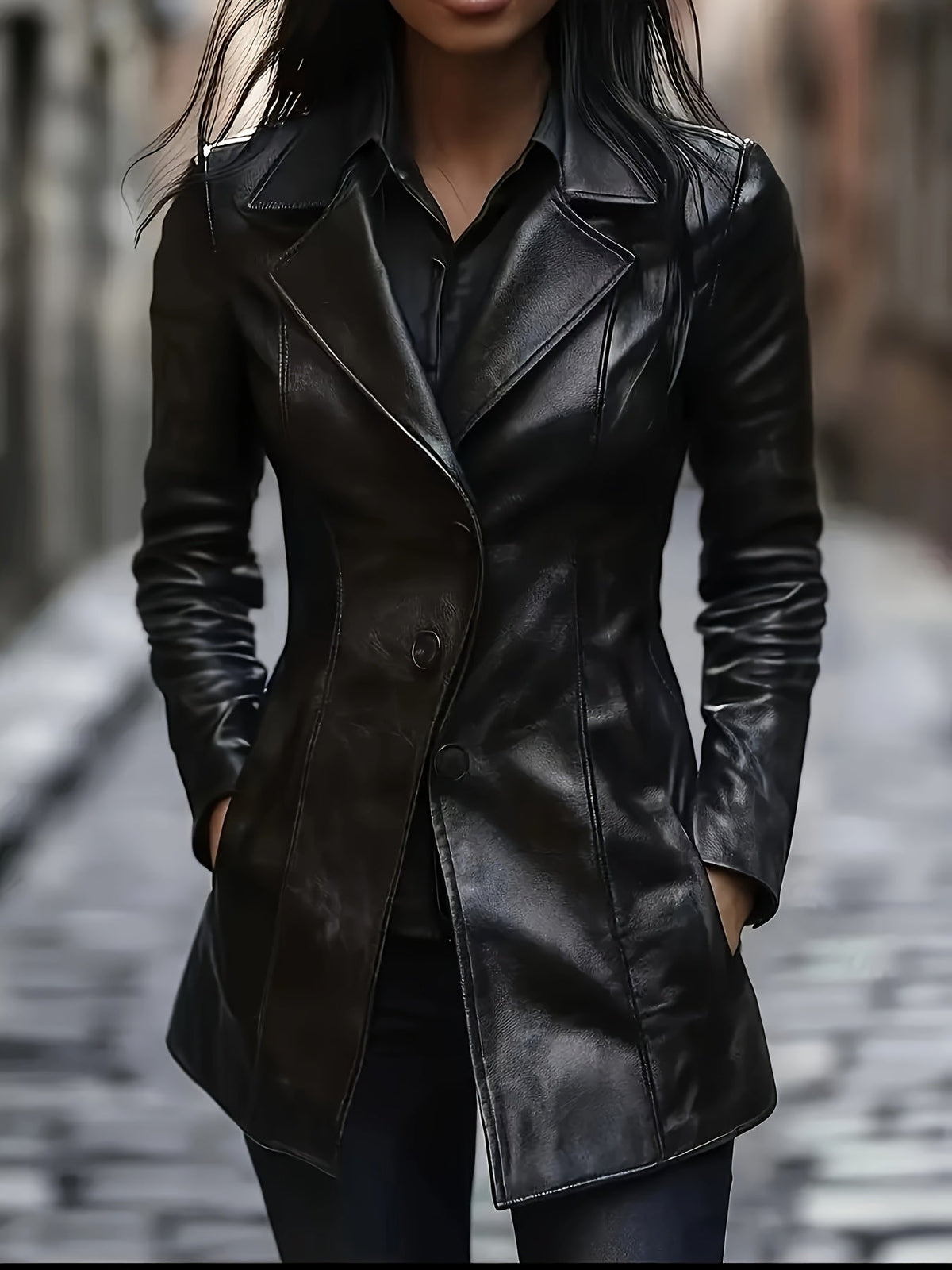 Black leather look longline winter coat with notch lapel
