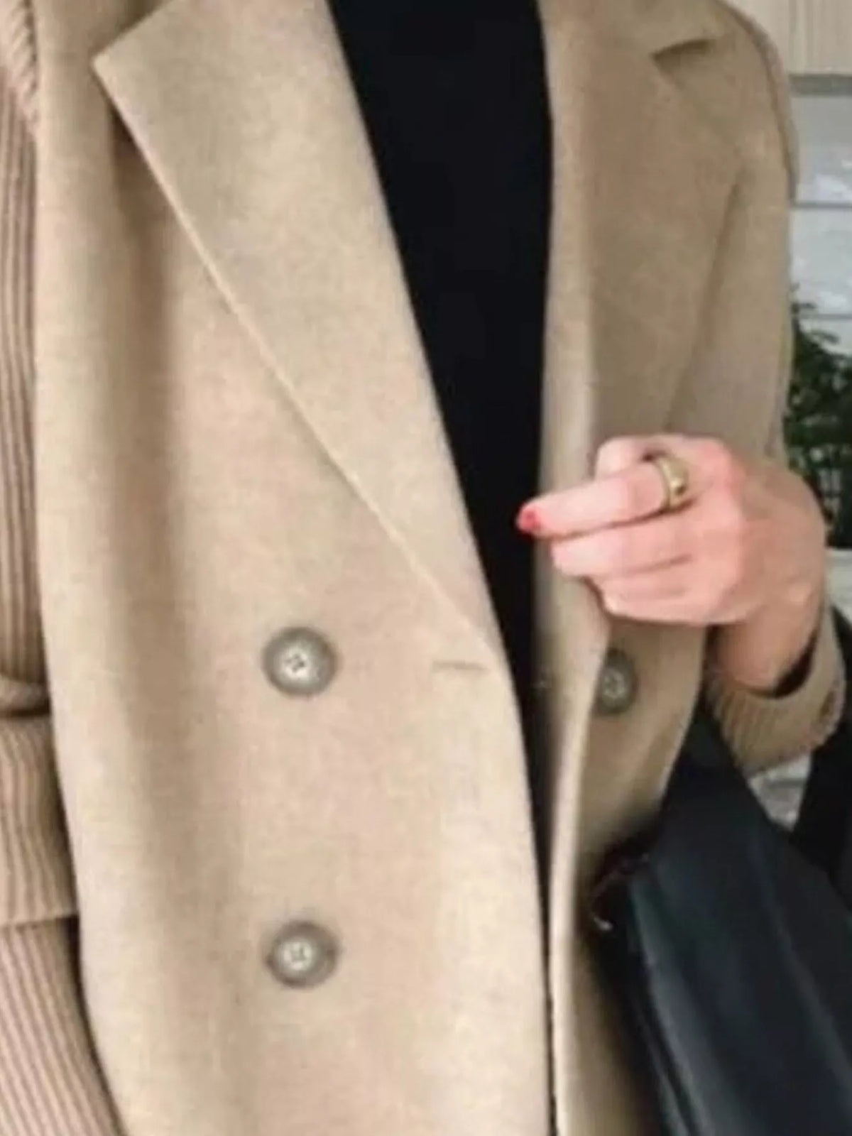 Khaki double breasted short coat with shawl collar and knit cuffs