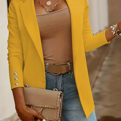 Yellow longline open front coat with knit sleeves and lapels