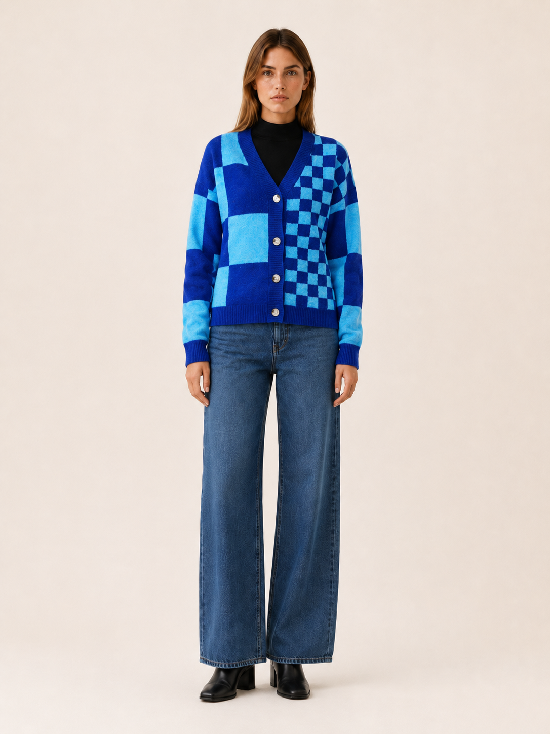 Women's Checked Knit Cardigan | V-Neck Button Front