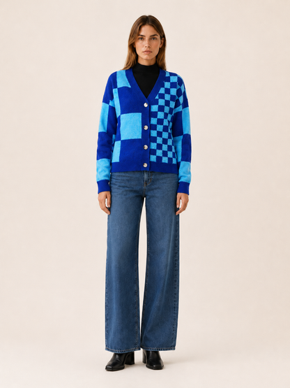Women's Checked Knit Cardigan | V-Neck Button Front