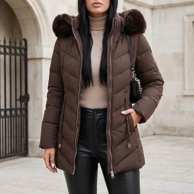 Adelaide Women's Faux Fur Hood Puffer Jacket - Brown