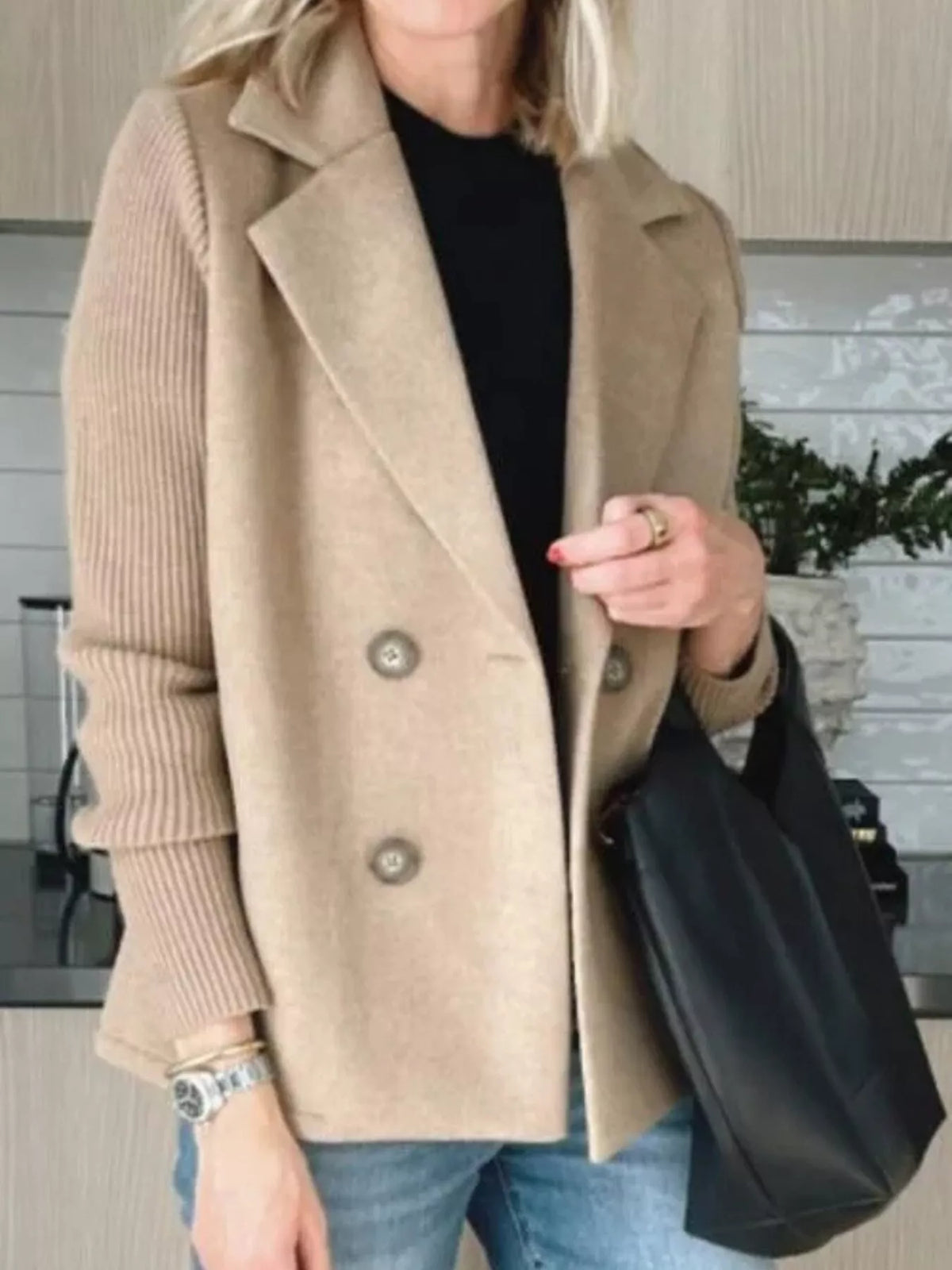 Black double breasted short coat with shawl collar and knit cuffs