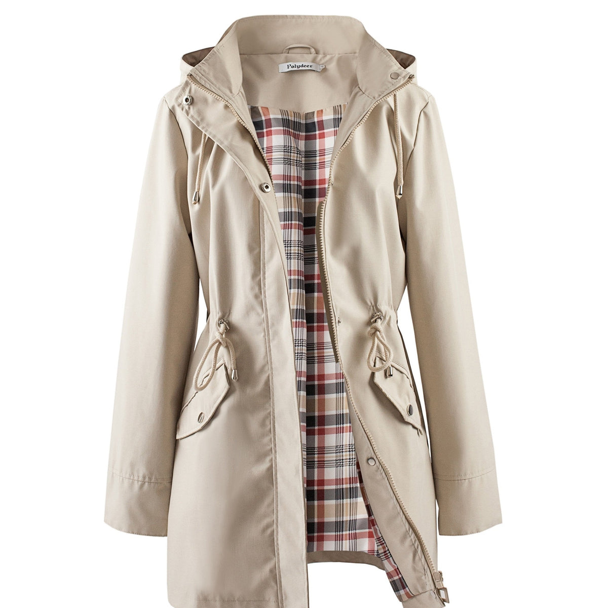 Khaki hooded anorak parka with drawstring waist and zip front