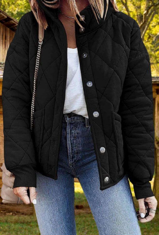 Women’s Diamond-Quilted Padded Jacket – Warm Button-Front Layer for Cooler Seasons