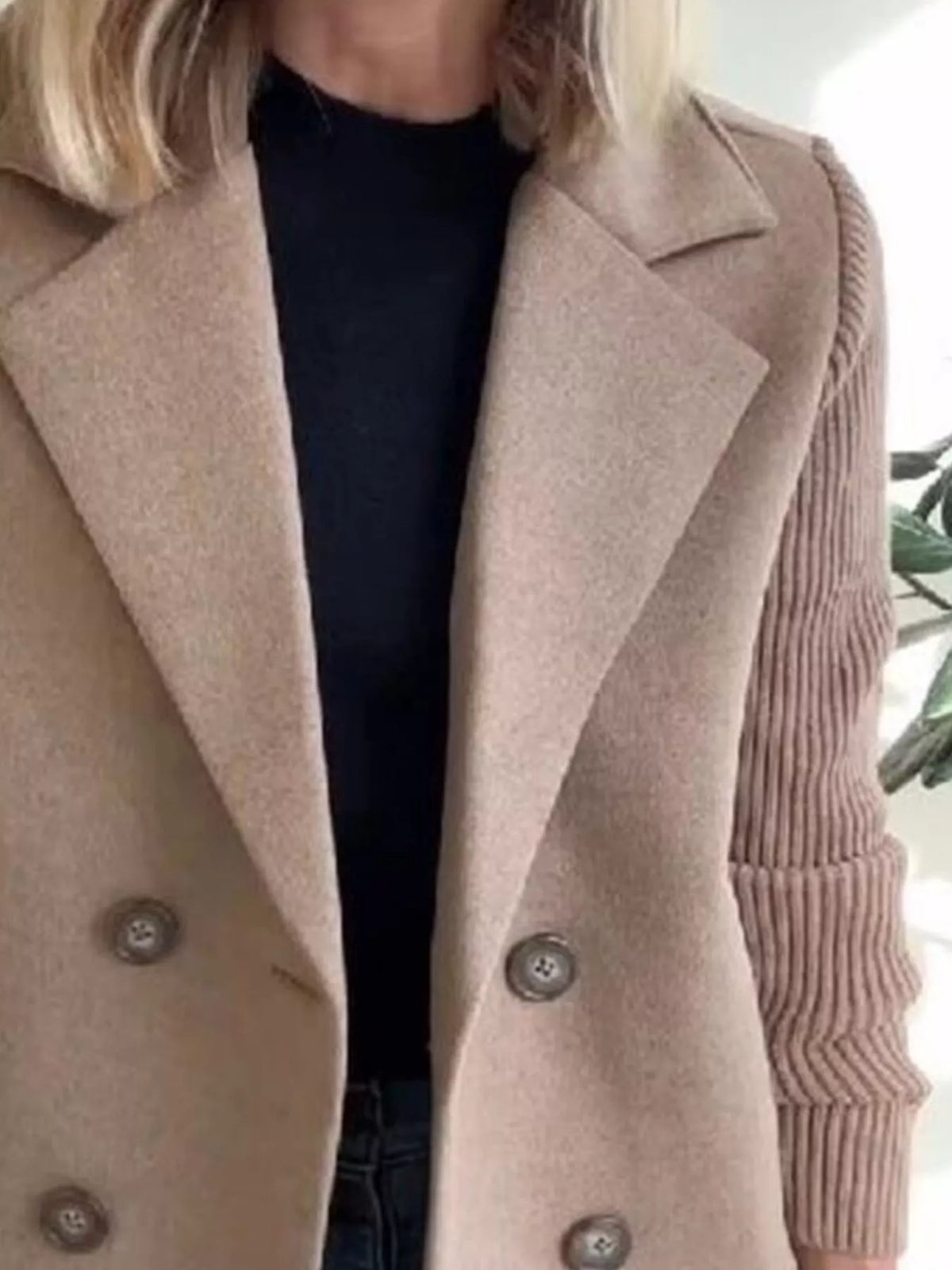 Blush double breasted short coat with shawl collar and knit cuffs