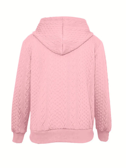 Purple cable knit zip up hoodie with ribbed cuffs and hood
