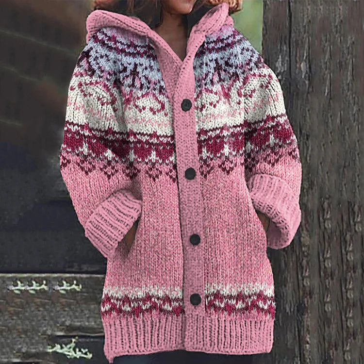Pink fair isle hooded knit cardigan with button front