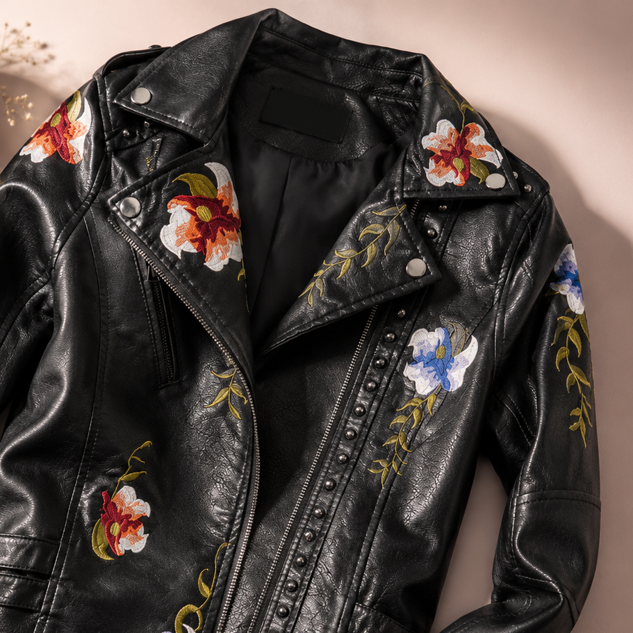 Women's Biker Jacket | Floral Embroidered Design 3