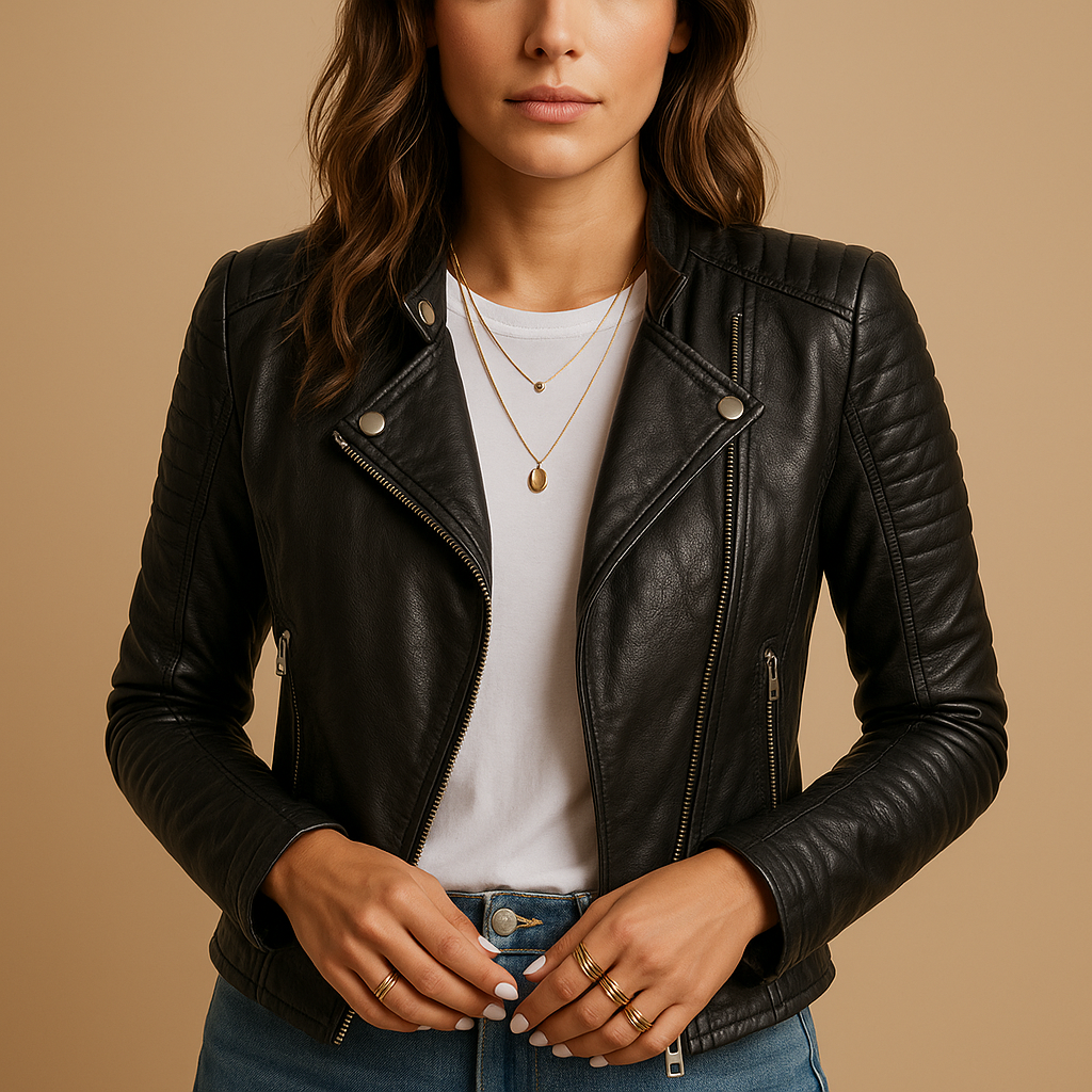 Women’s black fitted jacket with tailored silhouette and zipper closure, ideal for casual or elegant outfits in any season.