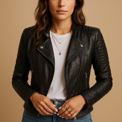 Women’s black fitted jacket with tailored silhouette and zipper closure, ideal for casual or elegant outfits in any season.