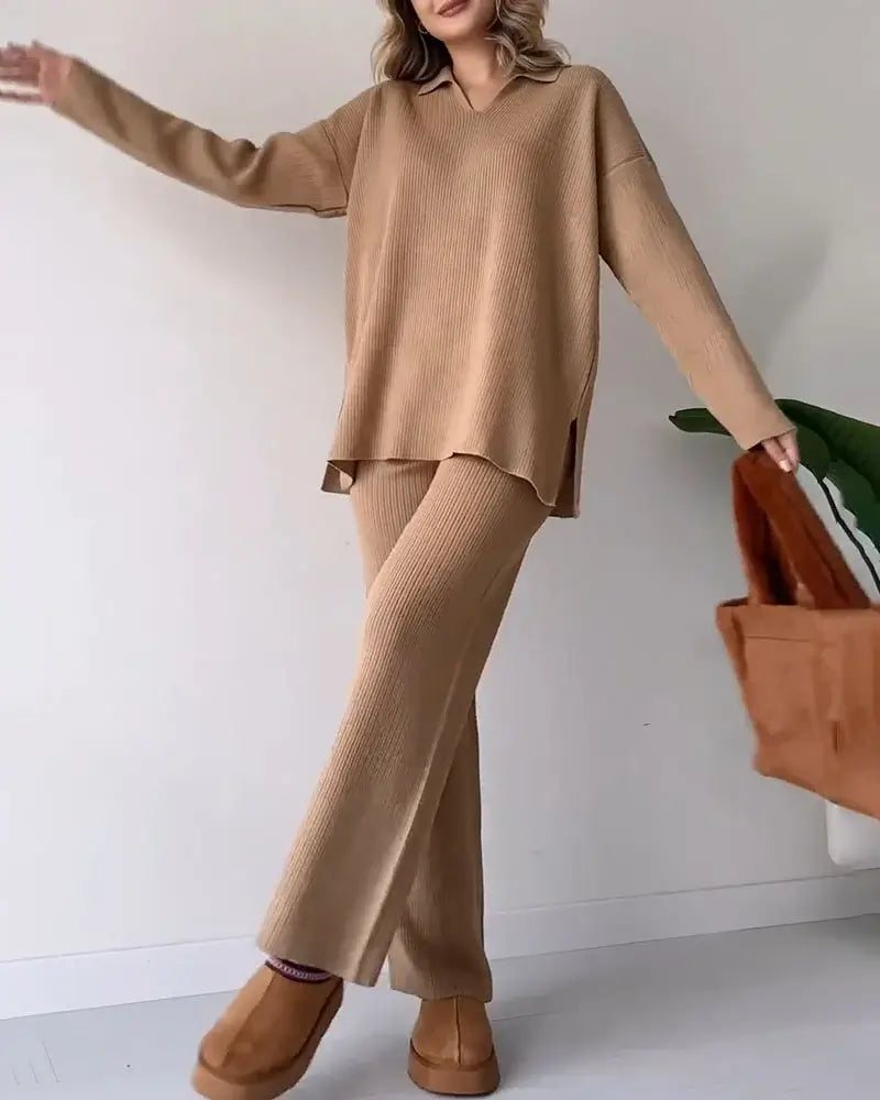 Women's Knit Two-Piece Set | V-Neck & Relaxed Fit 1