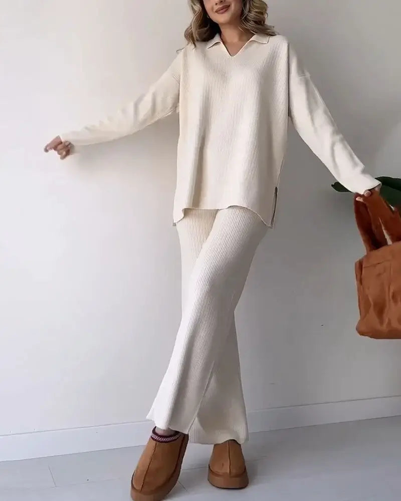 Women's Knit Two-Piece Set | V-Neck & Relaxed Fit 2