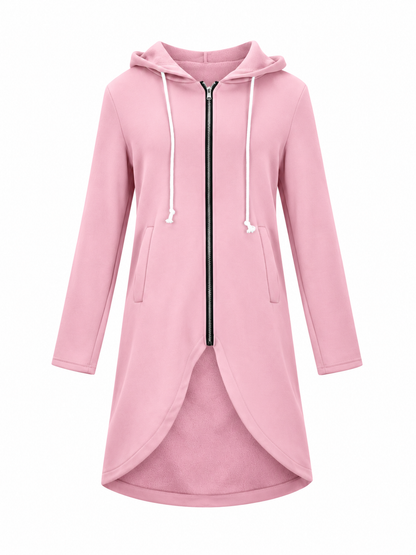 Celeste - Women's Drawstring-Hood Curved-Hem Longline Jacket