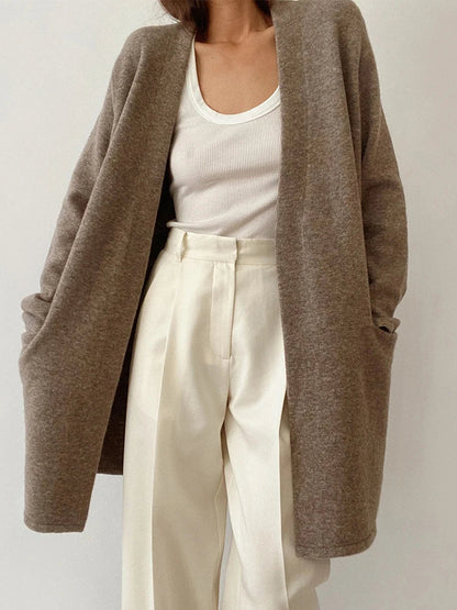 Celeste - Women's Open-Front Wool Cardigan with Patch Pockets