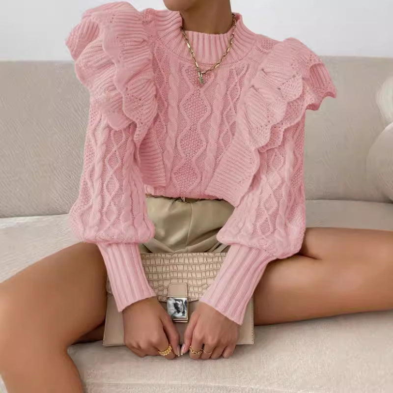 Women's Ruffle Knit Jumper | Cable Knit & Long Sleeve