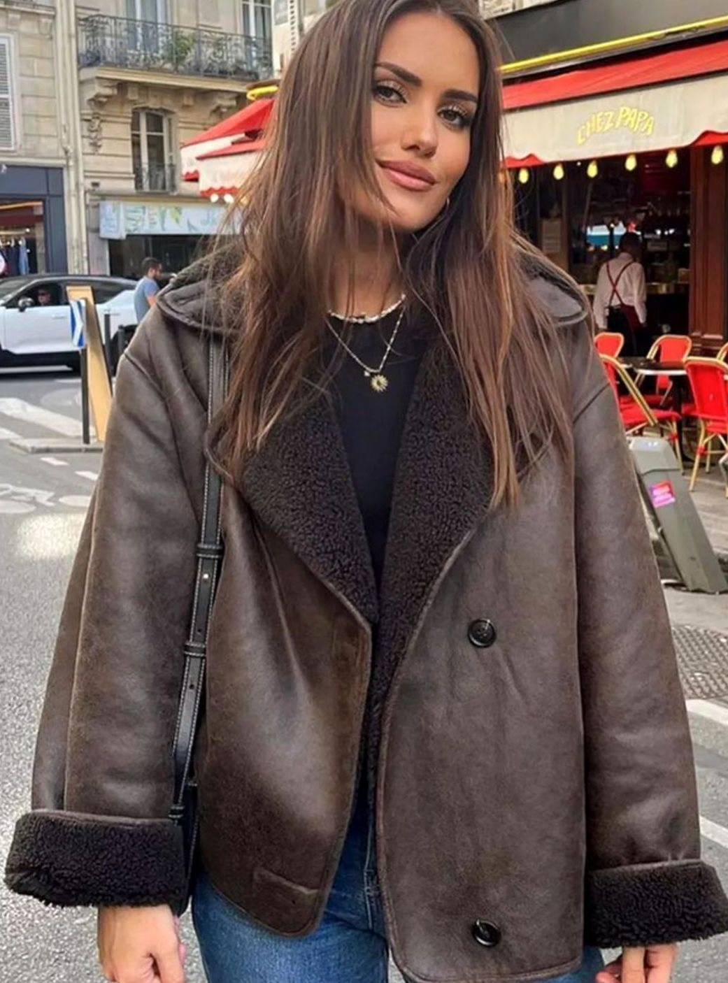 Coral | Women's Oversized Shearling-Lined Double-Breasted Jacket