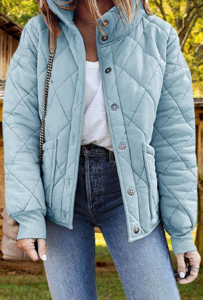Women’s Diamond-Quilted Padded Jacket – Warm Button-Front Layer for Cooler Seasons