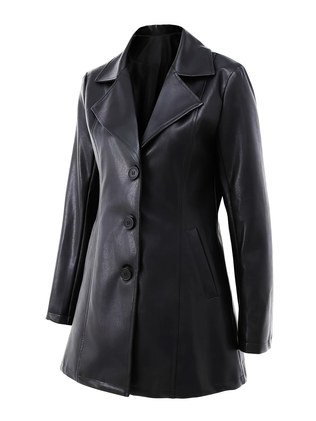 Black leather look longline winter coat with notch lapel