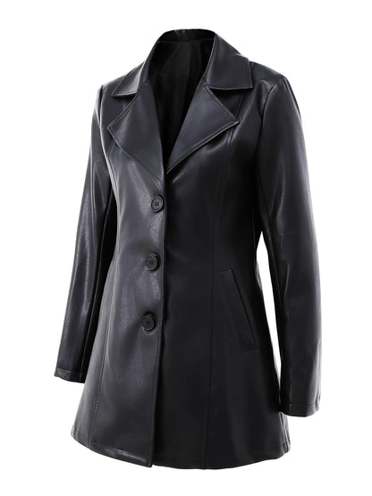 Black leather look longline winter coat with notch lapel