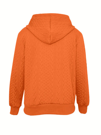 Pink cable knit zip up hoodie with ribbed cuffs and hood