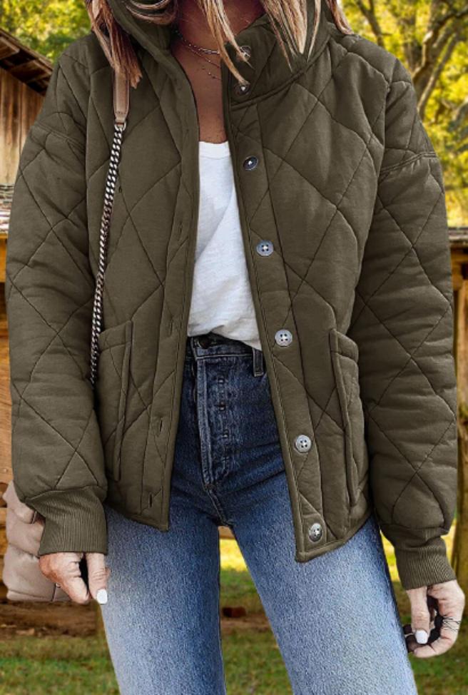 Women’s Diamond-Quilted Padded Jacket – Warm Button-Front Layer for Cooler Seasons