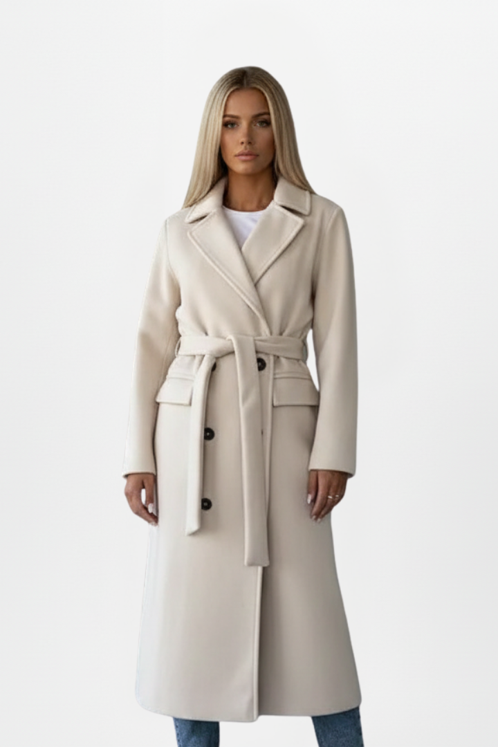 Women's Long Coat | Belted Waist & Tailored Collar