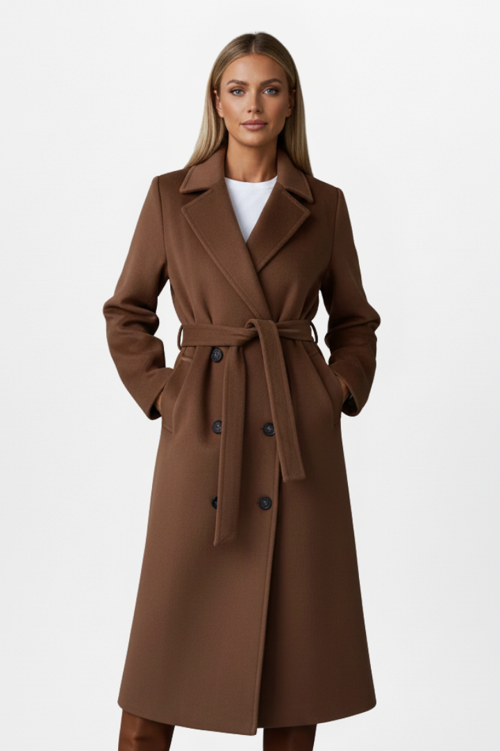 Women's Long Coat | Belted Waist & Tailored Collar