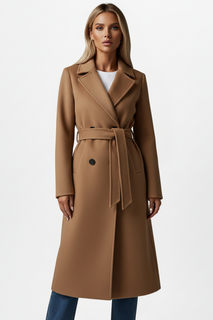 Women's Long Coat | Belted Waist & Tailored Collar