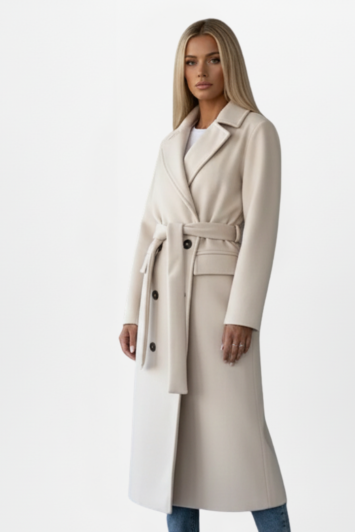 Women's Long Coat | Belted Waist & Tailored Collar