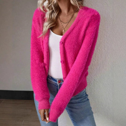 Women's Fluffy Knit Cardigan | V-Neck & Button Front 8